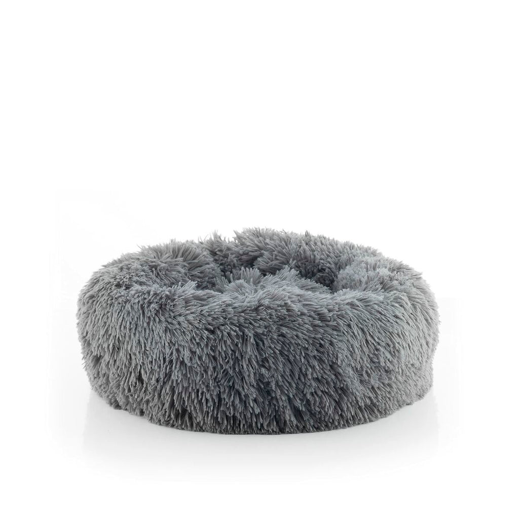 Grey round plush pet bed with a raised rim on a white background.
