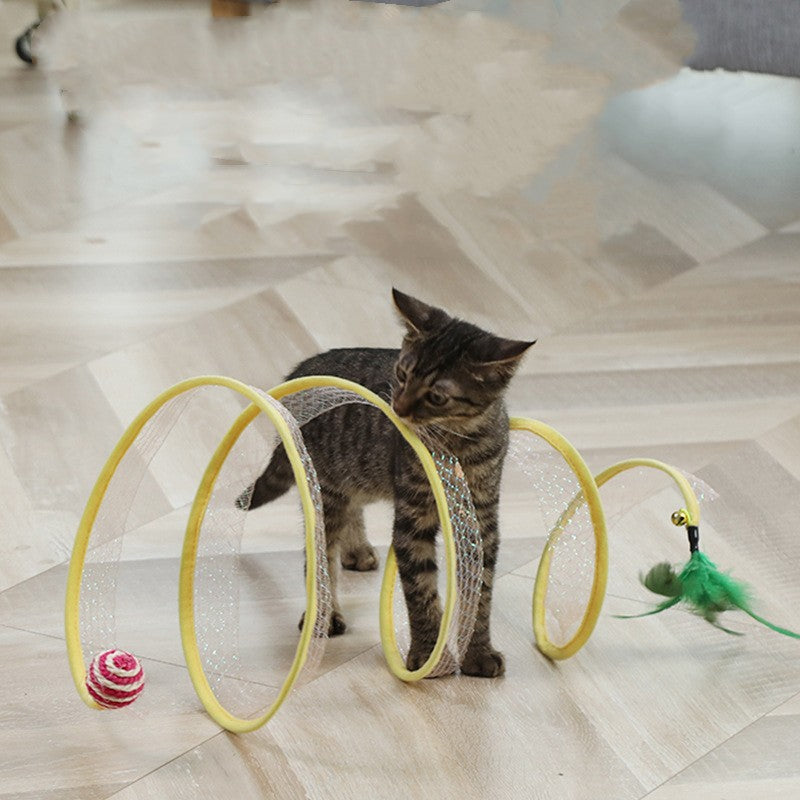 Foldable Cat Tunnel with Mouse Shape Balls and Feather Stick-0
